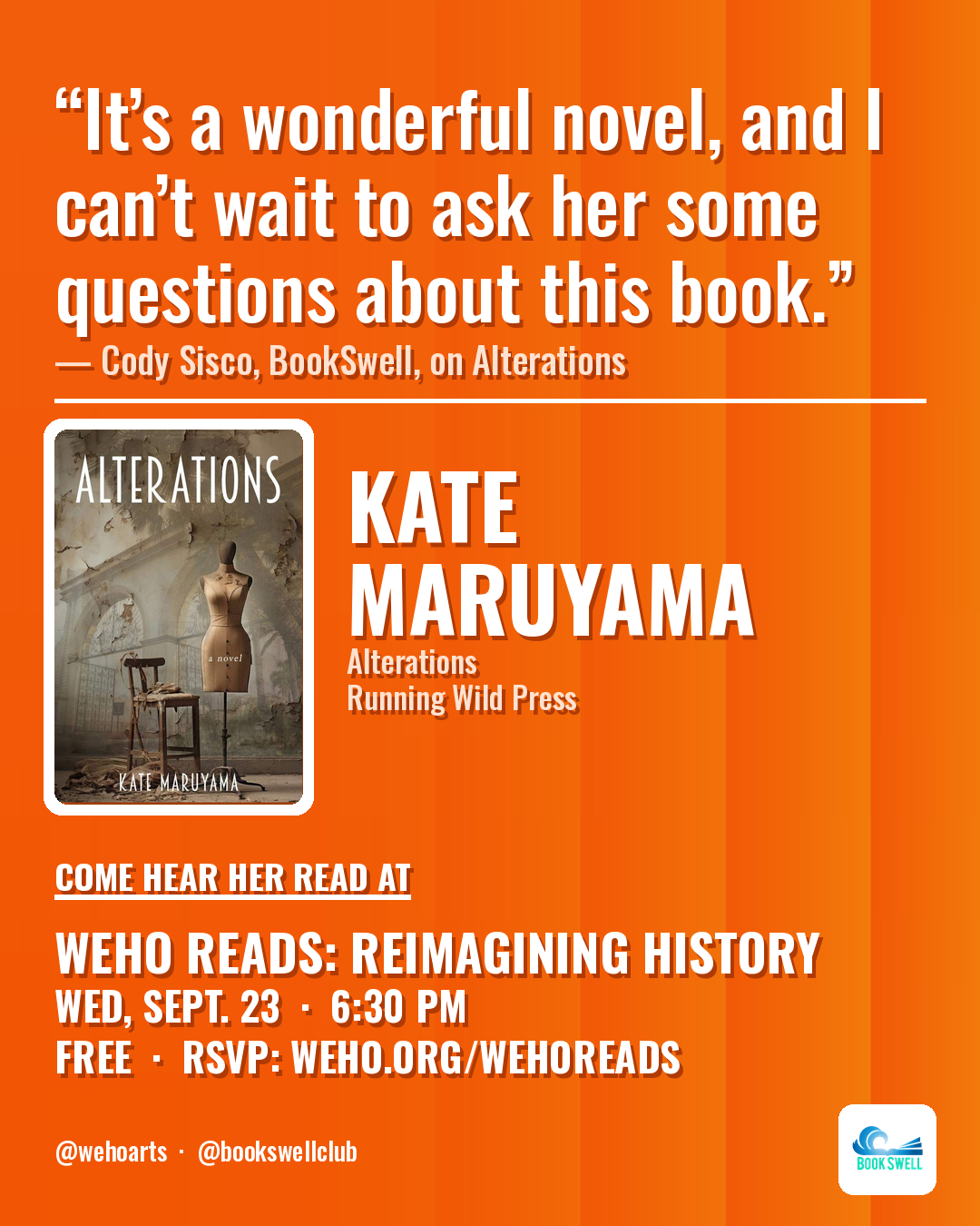 BookSwell card: Cody Sisco's quote on Kate Maruyama's Alterations, with the book cover and the WeHo Reads: Reimagining History date, Wednesday, Sept. 23 at 6:30 p.m.